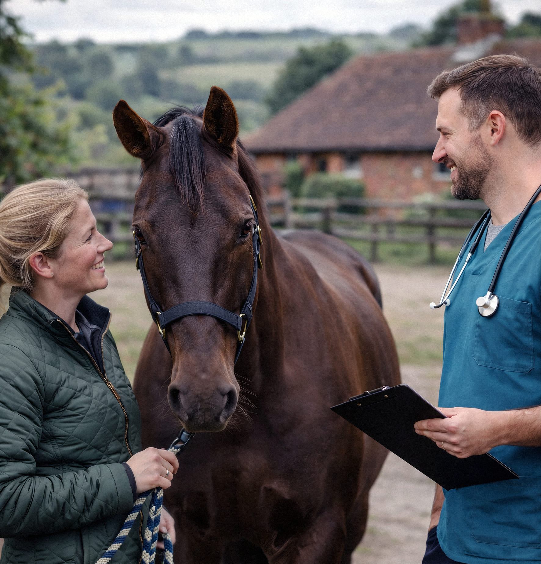 Horse owner speaking with a vet beside a horse